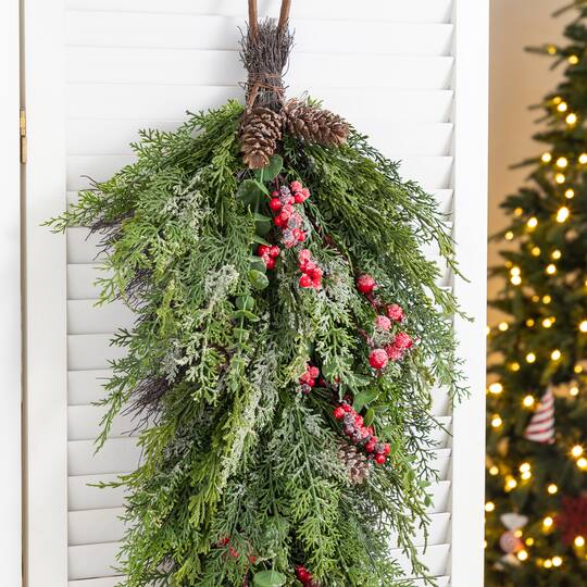 Glitzhome® 31.5" Christmas Greenery Frosted PE Teardrop with Pinecones & Red Berries